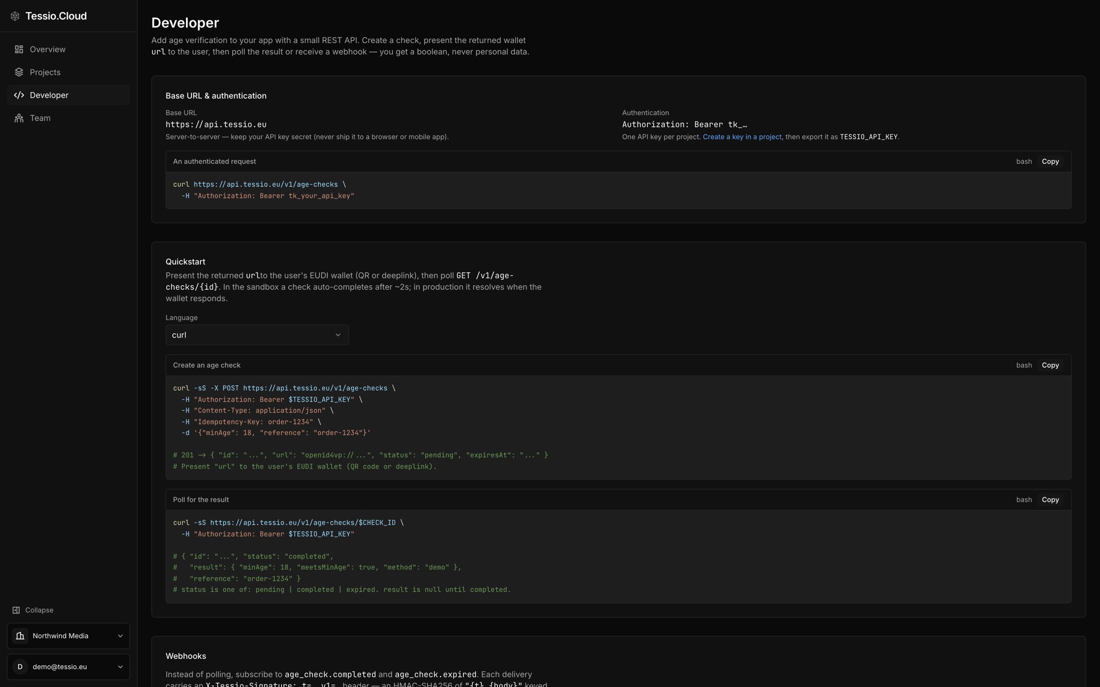 The Tessio Cloud developer page: base URL, API-key authentication, and copy-paste request examples.